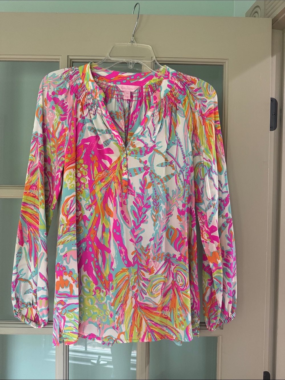 Elsa silk Lilly Pulitzer Vibrant Pink Multi-Color Printed Peasant Blouse by